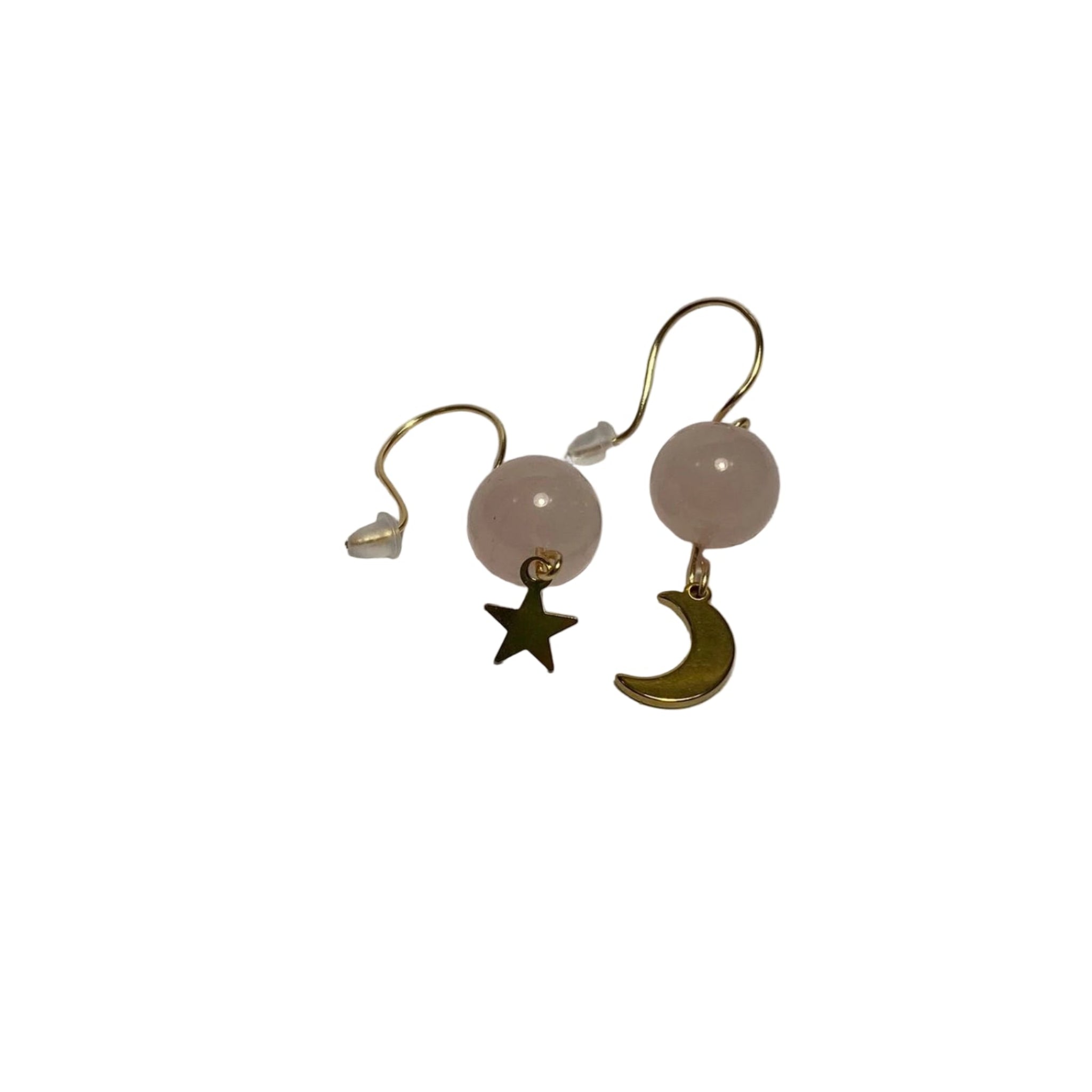 Cercei din sfere cuarț roz (10 mm) cu lună și stea