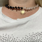 Colier Piatra Lunii & Onix natural cu charm Soare – placat cu aur