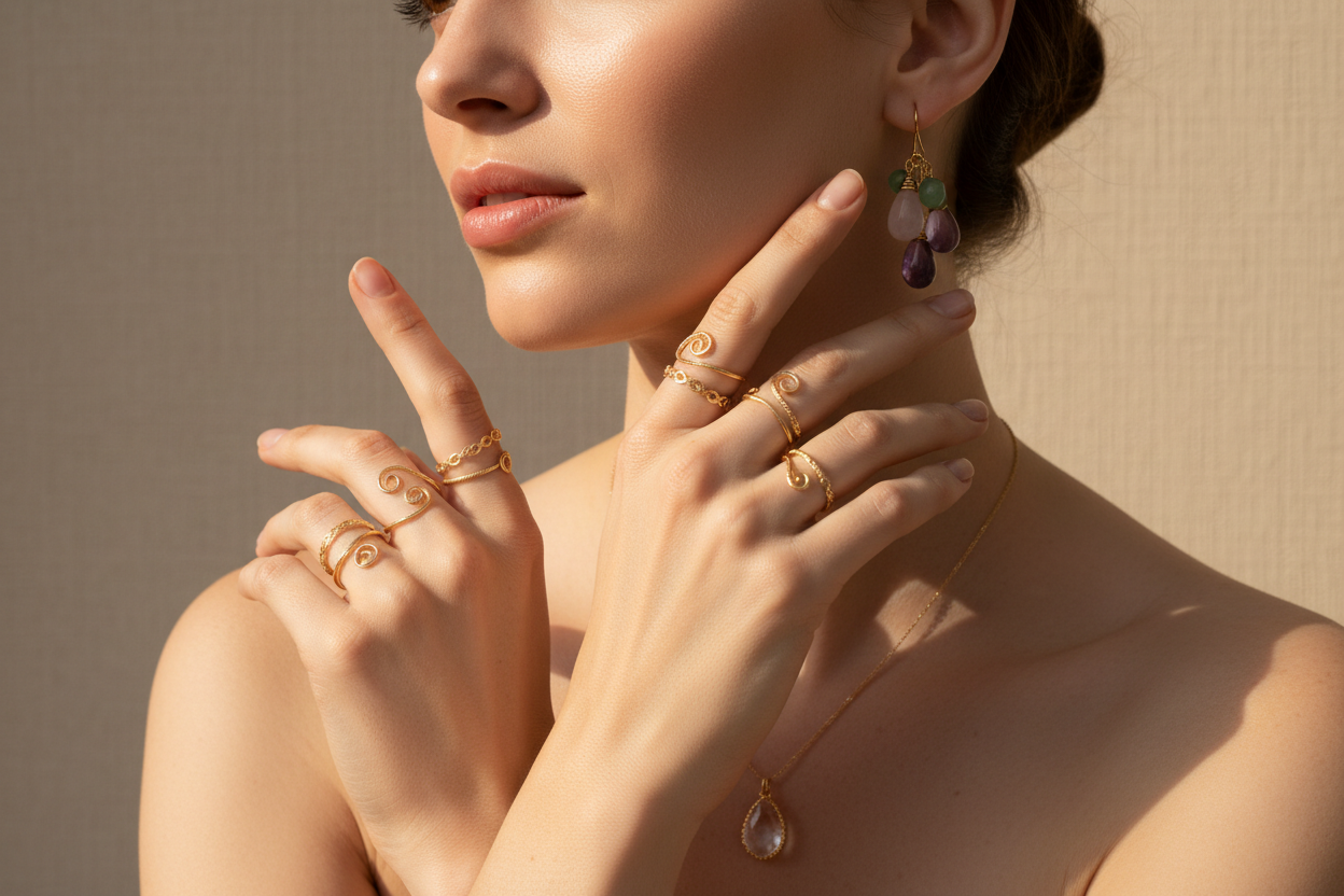 Generate a premium close-up portrait of a woman wearing handcrafted artisanal jewelry: gold-plated wire rings, natural stone earrings (rose quartz, aventurine, amethyst), and a small pendant.
Warm natural light, soft shadows, minimal beige background, high-end editorial look, focus on texture and craftsmanship, elegant feminine mood.
4K, horizontal, Shopify-friendly.