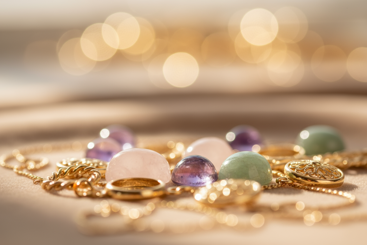 Generate a soft, elegant background image for the Products page of “Artizan Ella” (artisanal jewelry brand).
Style: warm minimalism, premium handcrafted aesthetic.
Elements: blurred close-up of gold-plated jewelry details, natural gemstones (rose quartz, aventurine, amethyst), soft bokeh, warm light, beige–brown tones from Scheme 5/7.
Composition: subtle, non-distracting, wide horizontal background suitable for page headers.
Mood: refined, feminine, artisanal.
Resolution: 4K, horizontal.