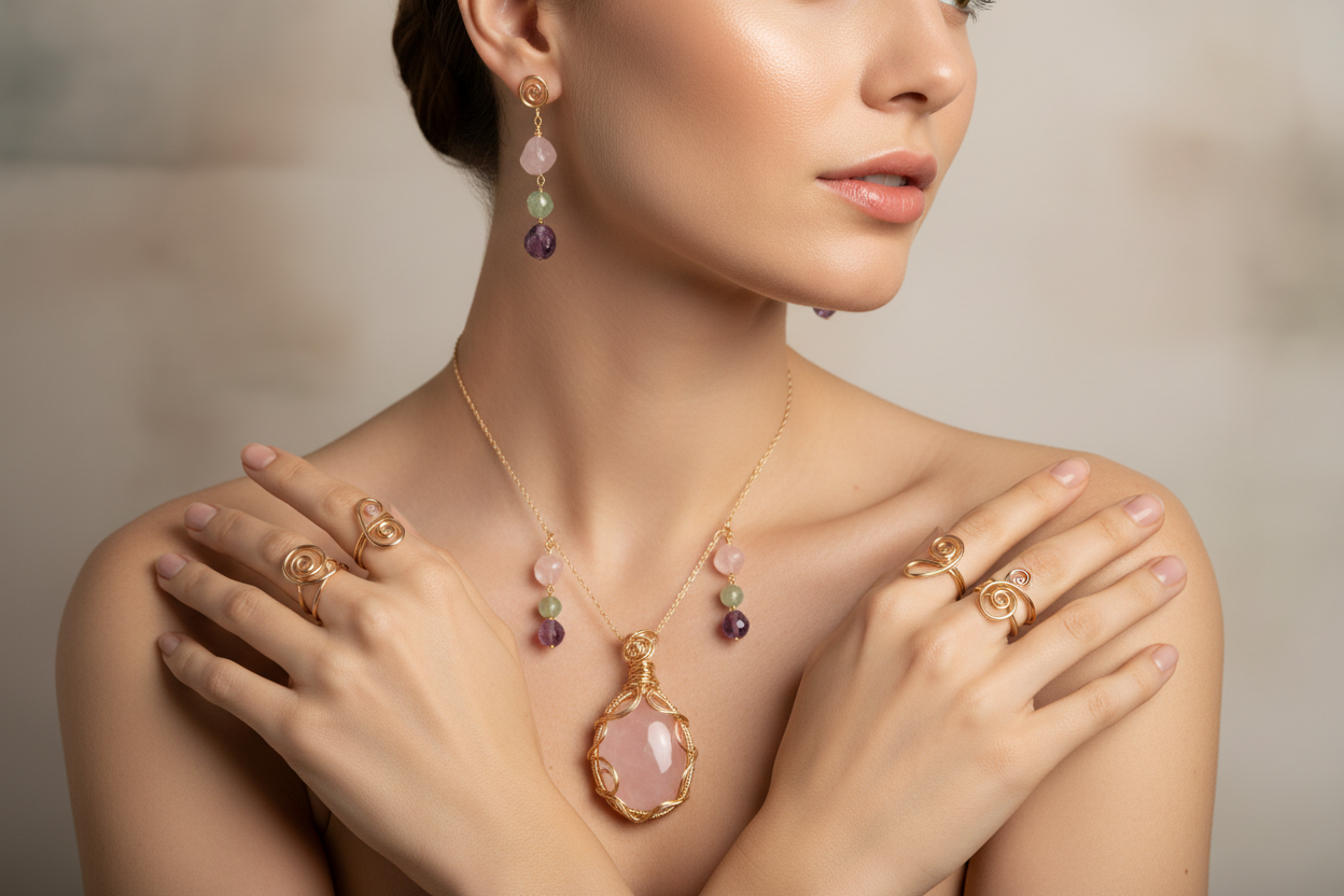 Generate an elegant portrait of a woman wearing handmade artisanal jewelry: gold-plated wire rings, natural stone earrings (rose quartz, aventurine, amethyst), and a delicate pendant.
Soft warm light, shallow depth of field, premium editorial aesthetic, minimal background, graceful pose, natural beauty, close-up on jewelry details, high-end magazine style.
Mood: elegance, authenticity, handcrafted refinement.
4K, horizontal, responsive.
